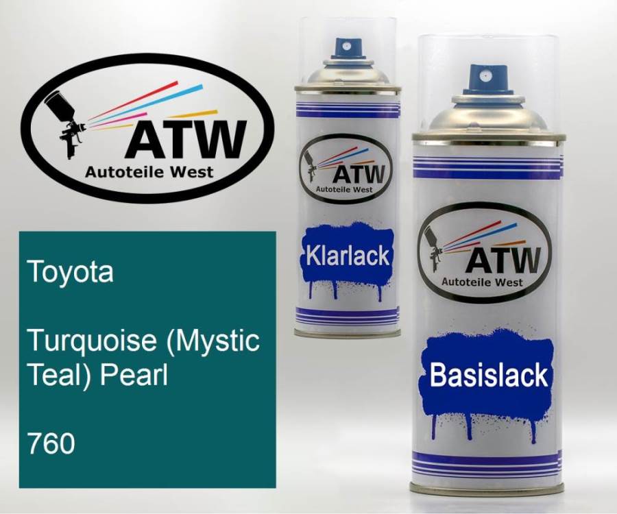 Toyota, Turquoise (Mystic Teal) Pearl, 760: 400ml Sprühdose + 400ml Klarlack - Set, von ATW Autoteile West.